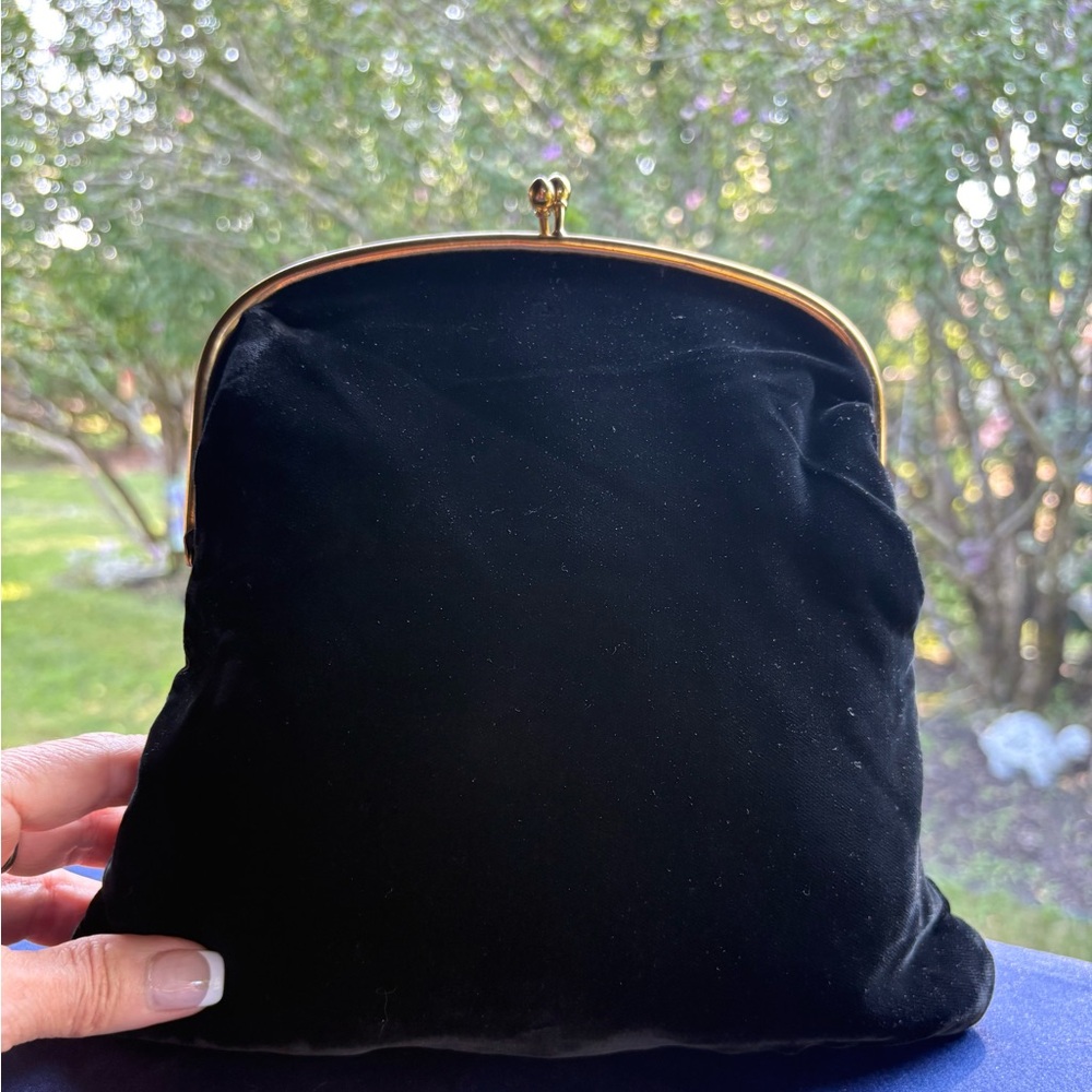 Clutch Ingber Vintage Black Velvet Clutch with Kiss Clasp Handbag Purse